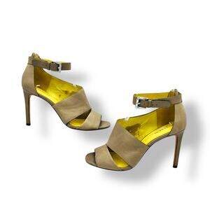 Coach Manhattan Greige Leather Open Toe Ankle Strap Stiletto Heels Size 7